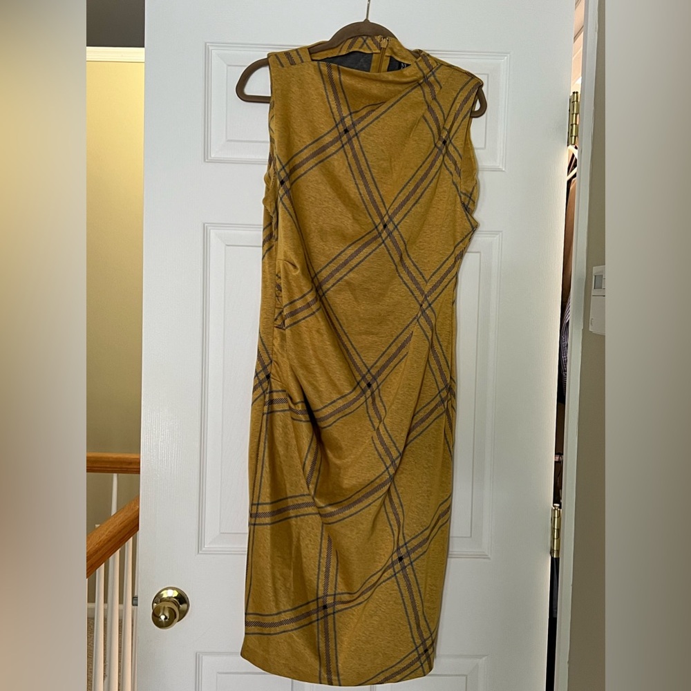 mustard plaid straight dress- Below knee length. 98% polyester 2% Spandex